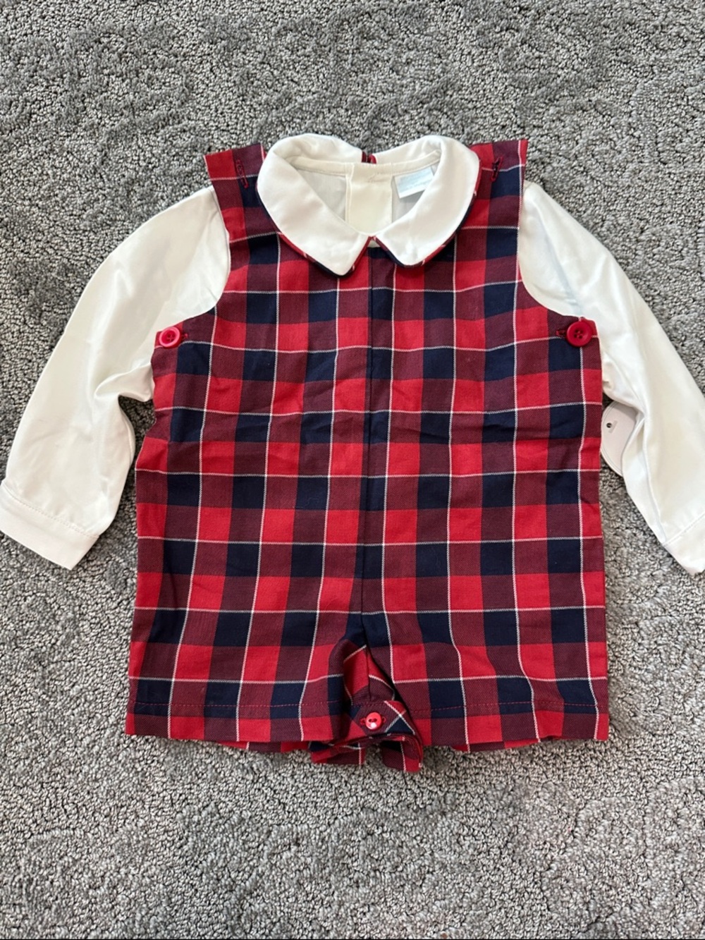 Red & Navy Plaid Baby Romper with White Collar
